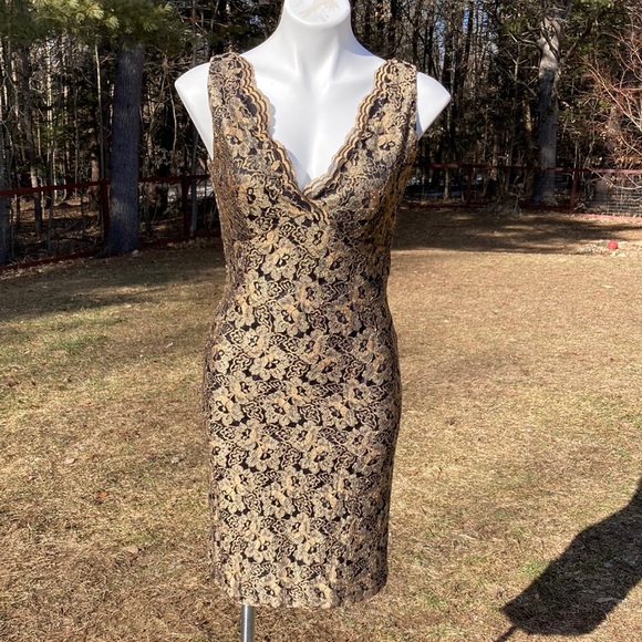 Jessica Howard | Dresses | Jessica Howard Gold Lace Over Black Curvy Sheath  Dress Size 8 | Poshmark